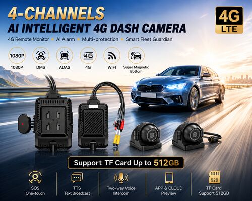 دوربین جلو و عقب 4CH ADAS DMS ضبط کننده ویدئویی اتوماتیک با 4G GPS WIFI دوربین مغناطیسی برای کامیون