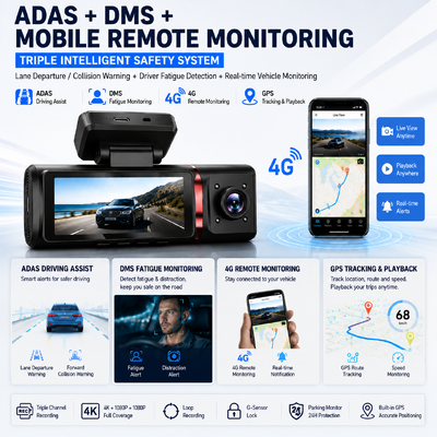 دوربین 3 کاناله AI 4G Dash 4K جلو، ADAS و DMS، ردیابی GPS، مانیتور پارکینگ 24/7
