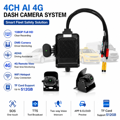 4-کانال هوش مصنوعی هوشمند 4G دوربین داش، ADAS + DMS + BSD ایمنی فعال، 1080P + 720P ضبط برای تاکسی