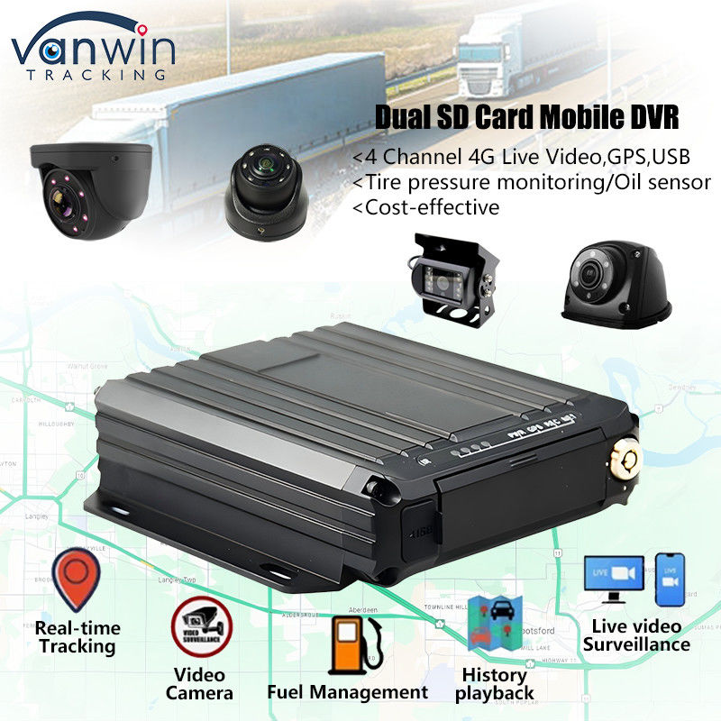 4CH 1080P دو کارتهای SD DVR پشتیبانی روغن حسگر 4G نظارت ویدئویی در زمان واقعی ردیاب GPS
