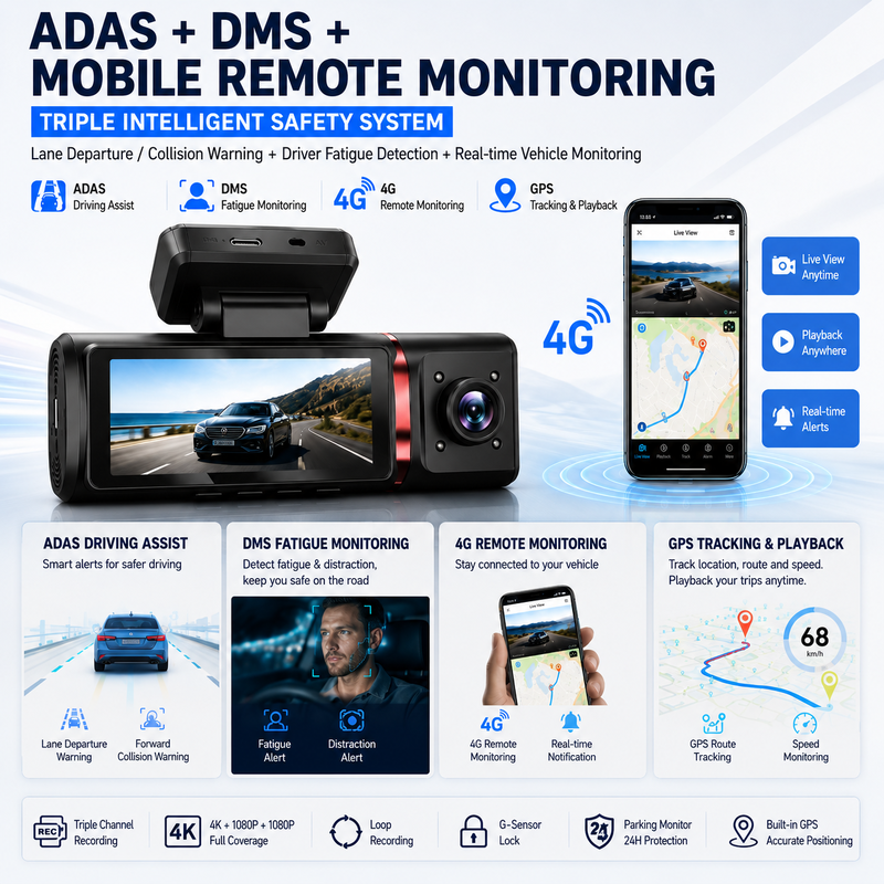 دوربین 3 کاناله AI 4G Dash 4K جلو، ADAS و DMS، ردیابی GPS، مانیتور پارکینگ 24/7