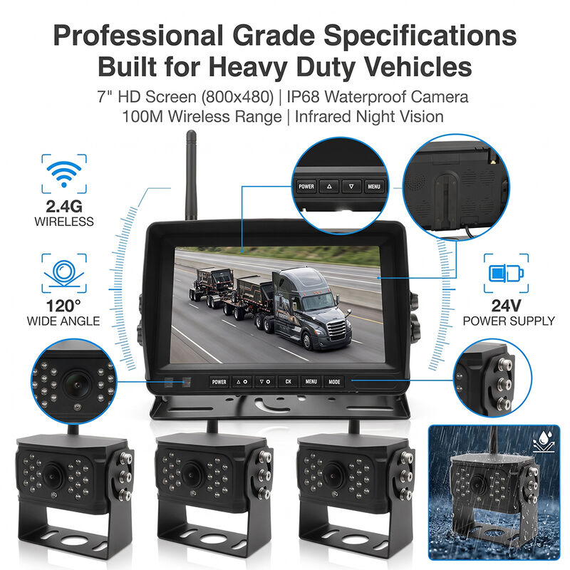 کیت دوربین پشتیبان دیجیتالی بی سیم 4CH با مانیتور IPS IP69K ضد آب HD Night Vision Side / Rear View Camera