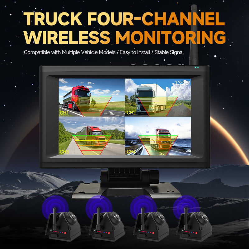 دوربین 4CH 720P بی سیم برای کامیون ها ، RV ها و اتوبوس ها 7 "آلارم IPS BSD ، نصب مغناطیسی ، شارژ مجدد ، پلاگ و پلی ، قابل گسترش 1-4CH
