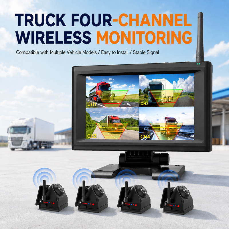 دوربین 4CH 720P بی سیم برای کامیون ها ، RV ها و اتوبوس ها   7 "آلارم IPS BSD ، نصب مغناطیسی ، شارژ مجدد ، پلاگ و پلی ، قابل گسترش 1-4CH